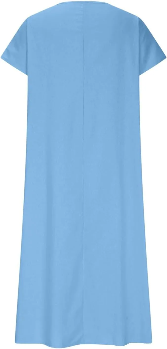 Summer Dresses for Women 2025 Vacation Boho Linen Flowy Dress Casual Short Sleeve v Neck T Shirt Maxi Beach Sundress