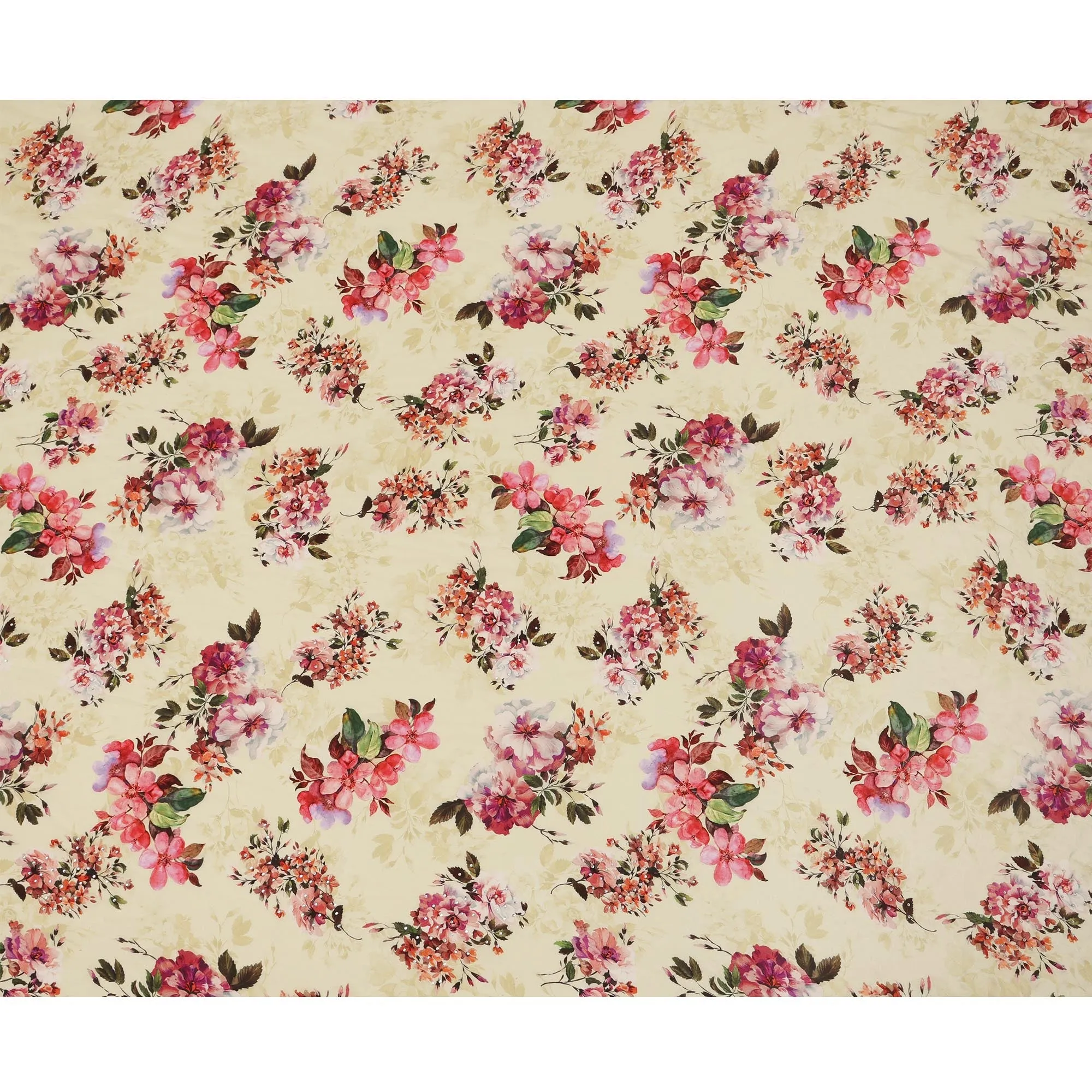 Synthetic Crepe Fabric with Stone Work - Delicate Pink and Red Floral on Light Yellow, 110 cm Width-D20646