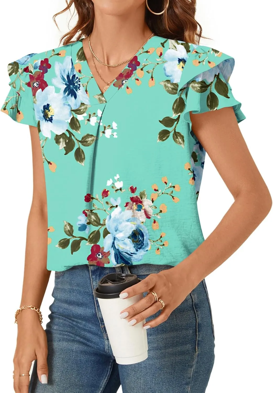 TAOHUADAO Womens Summer Casual Tops Double Layered Short Sleeve T-Shirts V Neck Business Dressy Blouse