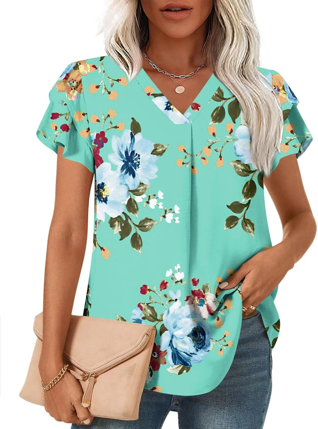 TAOHUADAO Womens Summer Casual Tops Double Layered Short Sleeve T-Shirts V Neck Business Dressy Blouse