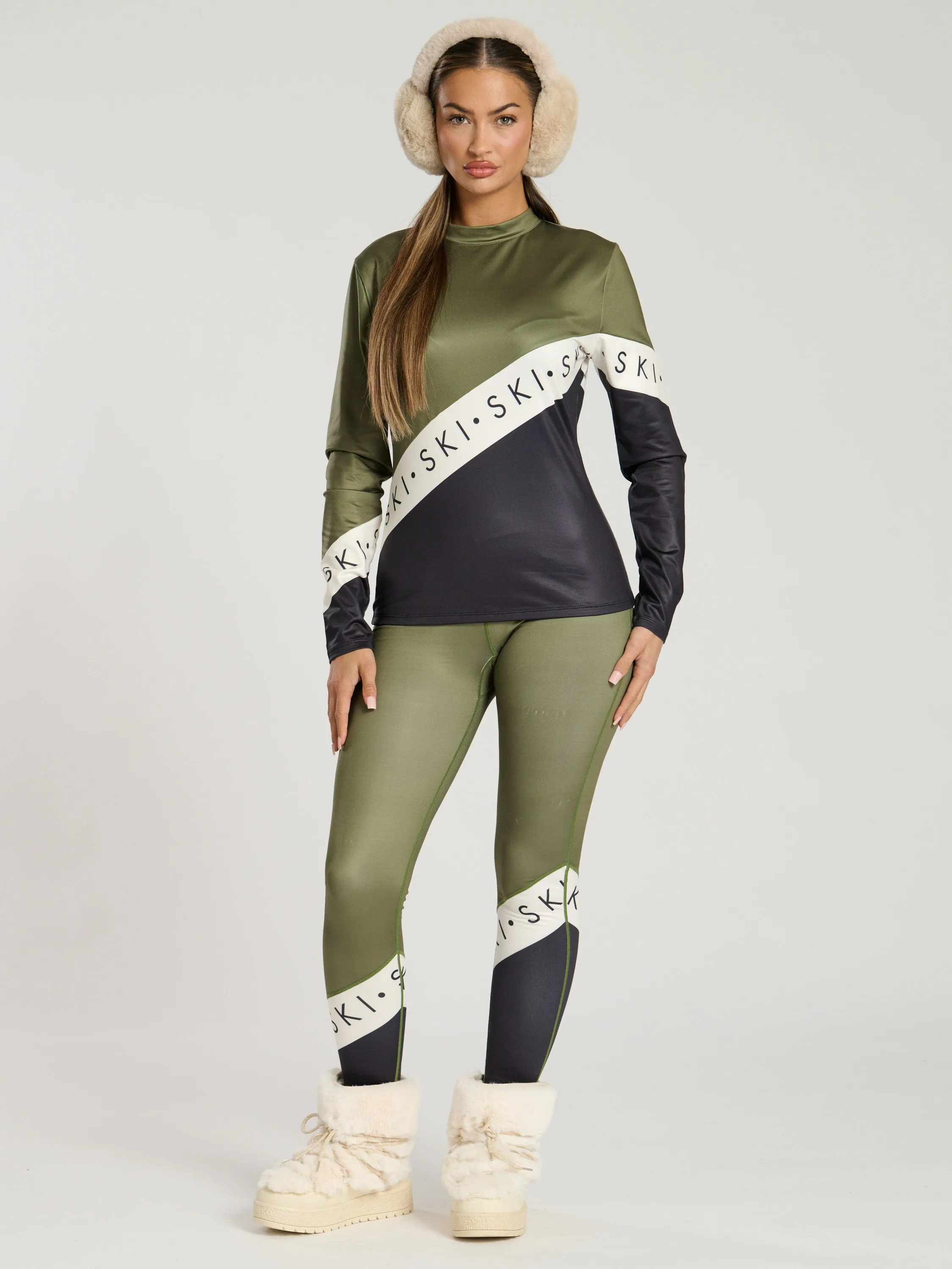 The 'Alpine' Ski Slogan Leggings In Olive