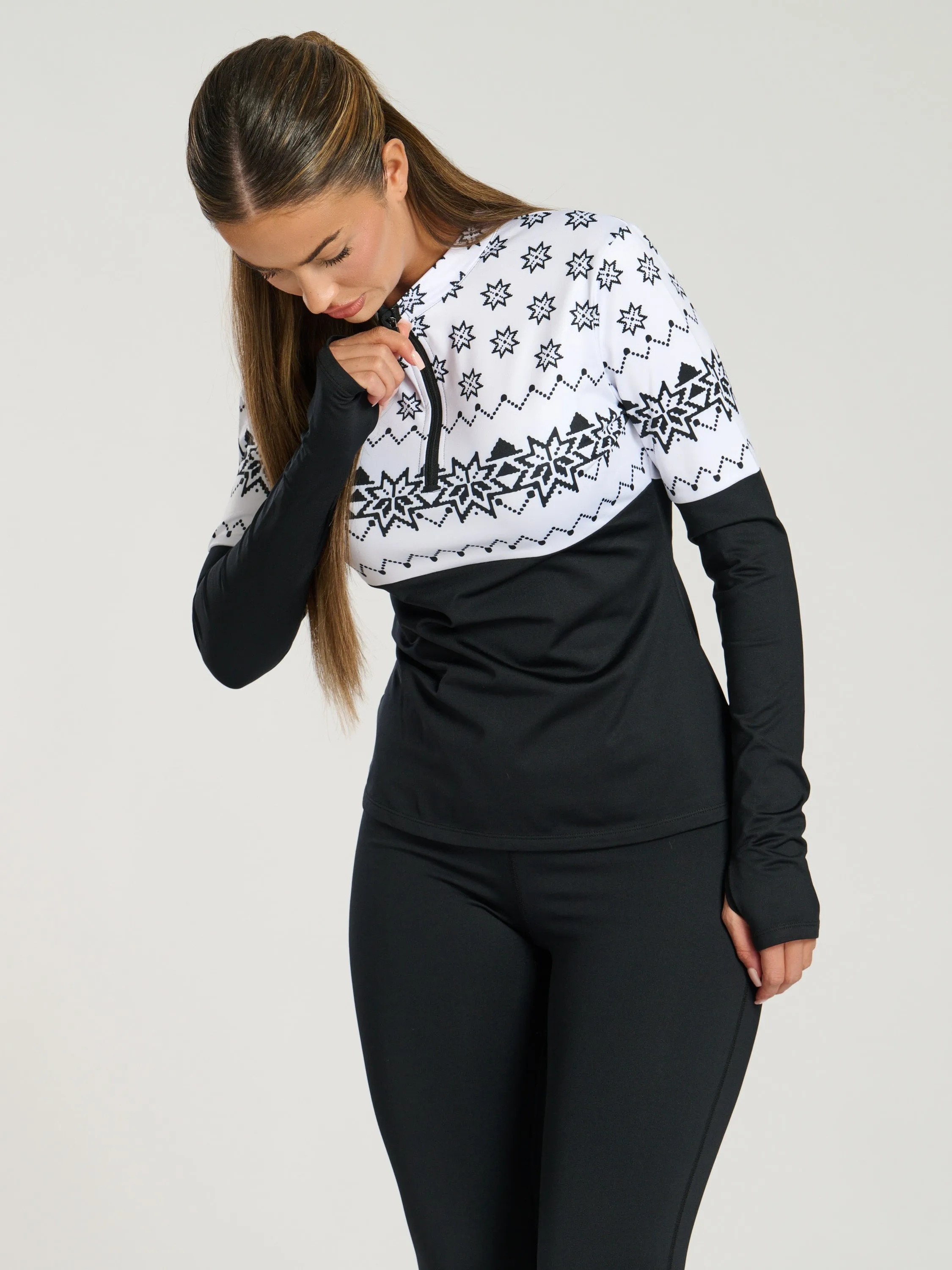 The 'Alps' half zip base layer in black and white