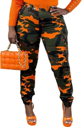Vakkest Womens Camo Cargo Pants Army Fatigue Jogger Camouflage High Waist Trouser Clubwear Y2K Sweatpants with Belt