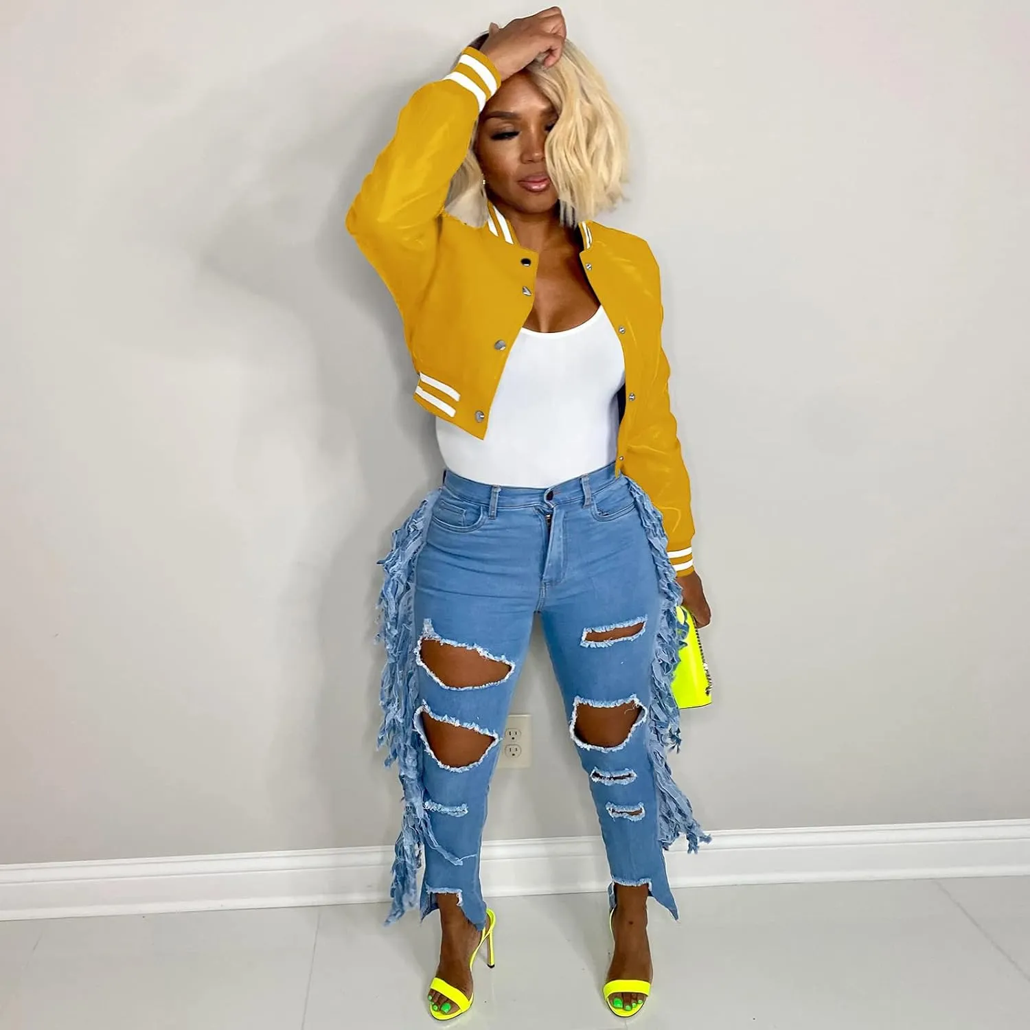 Varsity Cropped Faux Leather Jacket for Women Long Sleeve Button Down Bomber Baseball Jacket Streetwear with Pocket