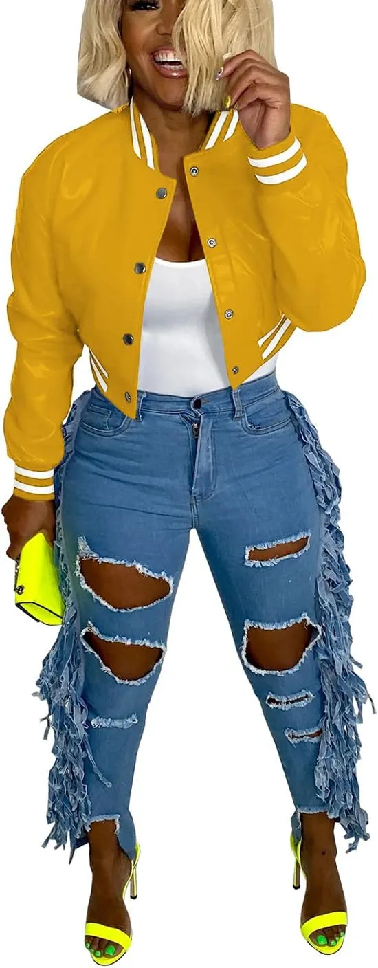 Varsity Cropped Faux Leather Jacket for Women Long Sleeve Button Down Bomber Baseball Jacket Streetwear with Pocket