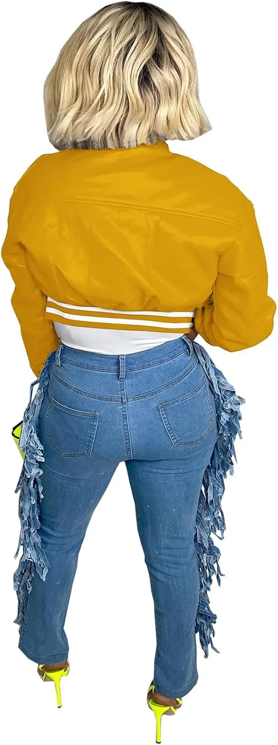Varsity Cropped Faux Leather Jacket for Women Long Sleeve Button Down Bomber Baseball Jacket Streetwear with Pocket