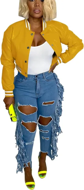 Varsity Cropped Faux Leather Jacket for Women Long Sleeve Button Down Bomber Baseball Jacket Streetwear with Pocket