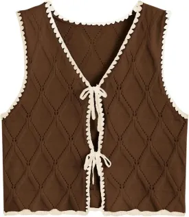 Verdusa Women's Old Money Bow Tie Crochet Sweater Vest Contrast Binding Knot Front V Neck Knit Top