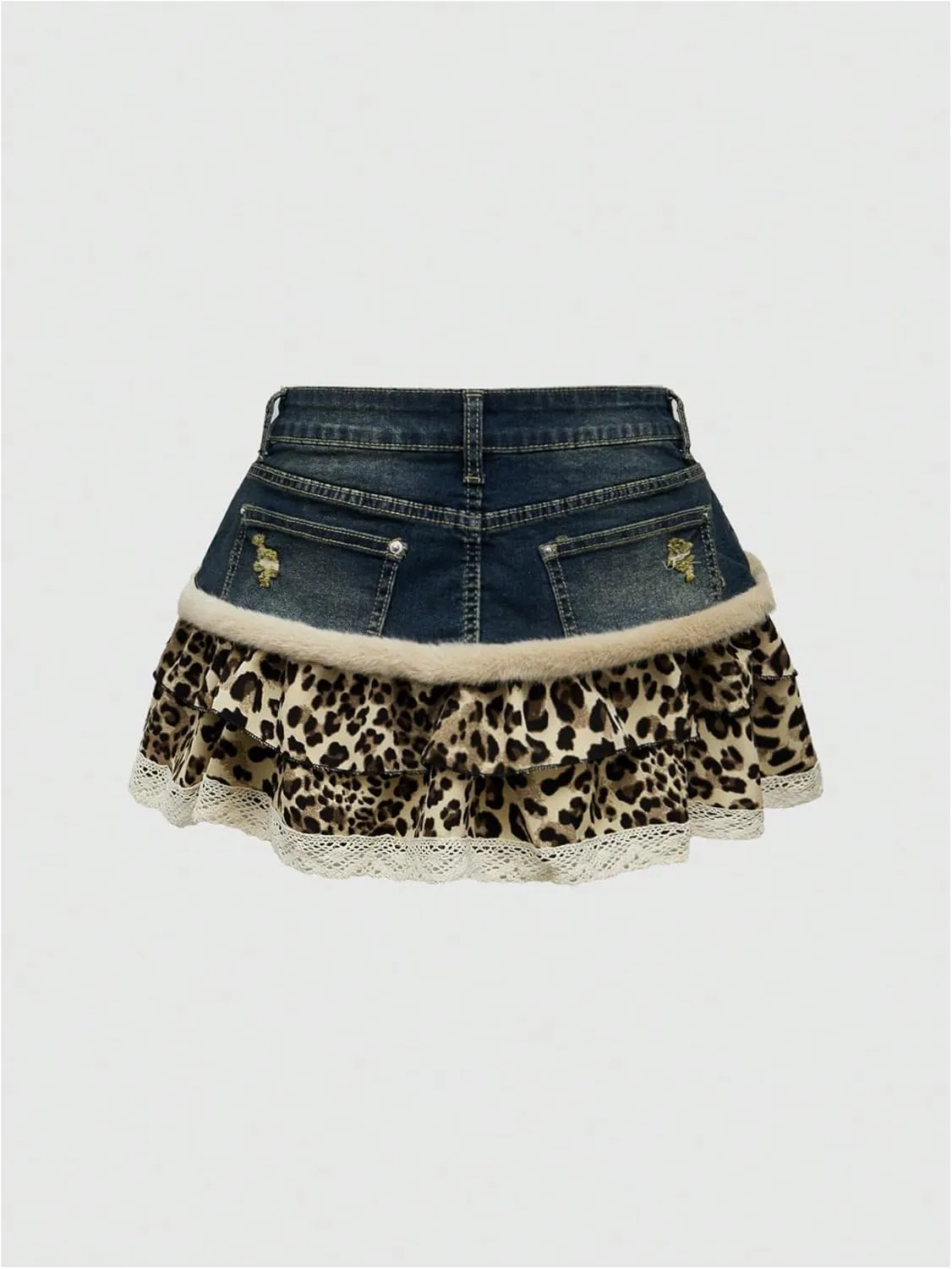 WDIRARA Women's Y2k Leopard Print Denim Mini Skirt Fuzzy Layered Ruffle A Line Skirts