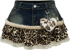 WDIRARA Women's Y2k Leopard Print Denim Mini Skirt Fuzzy Layered Ruffle A Line Skirts