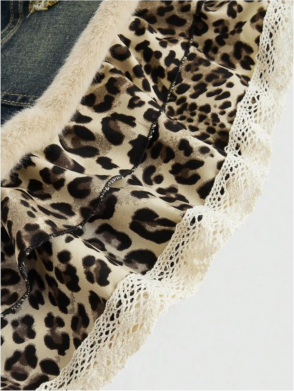 WDIRARA Women's Y2k Leopard Print Denim Mini Skirt Fuzzy Layered Ruffle A Line Skirts