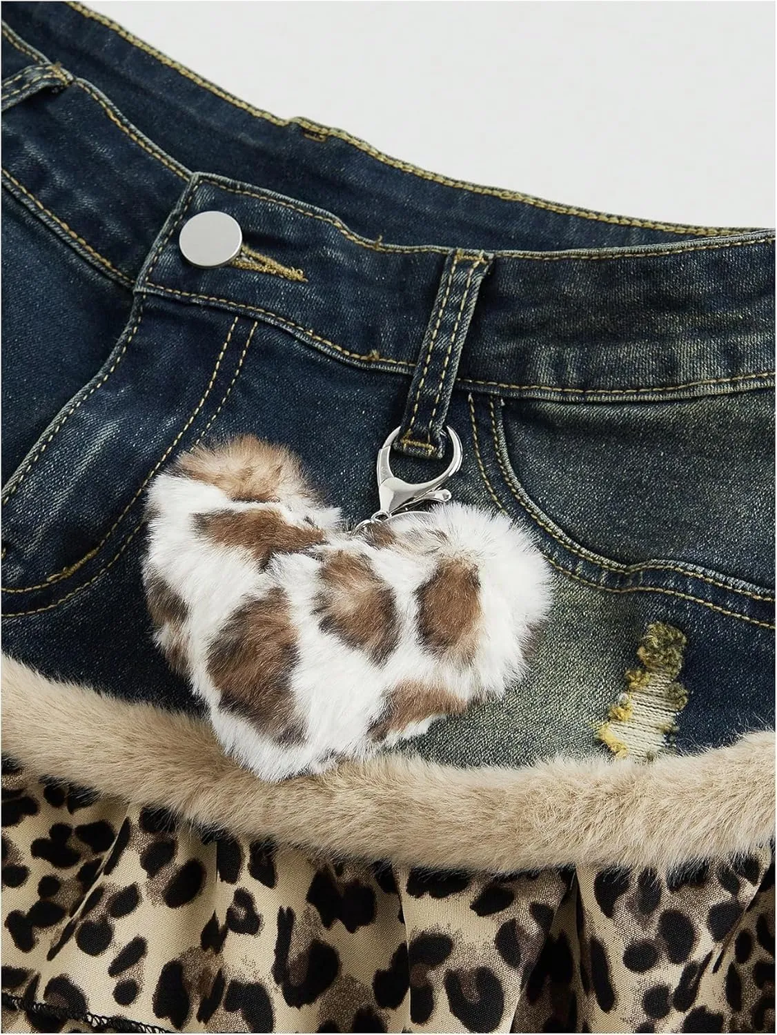 WDIRARA Women's Y2k Leopard Print Denim Mini Skirt Fuzzy Layered Ruffle A Line Skirts