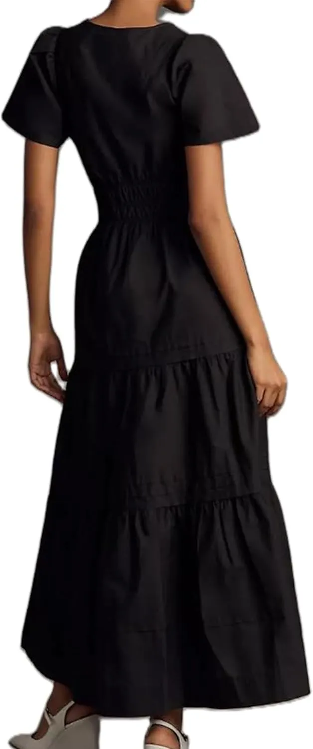 Women Boho Maxi Dress Short Sleeve V Neck Floral Print Loose Flowy Long Dress Aline Tiered Ruffle Beach Dress