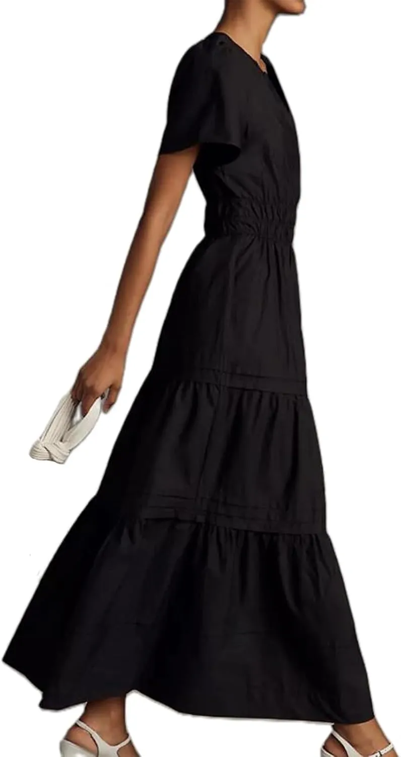 Women Boho Maxi Dress Short Sleeve V Neck Floral Print Loose Flowy Long Dress Aline Tiered Ruffle Beach Dress
