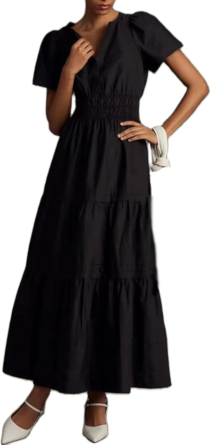 Women Boho Maxi Dress Short Sleeve V Neck Floral Print Loose Flowy Long Dress Aline Tiered Ruffle Beach Dress
