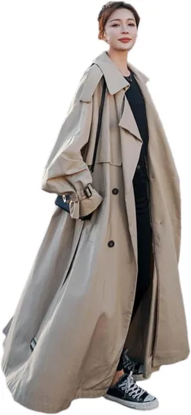 Women Fall Solid Lapel Long Oversized Casual Trench Coat Belt Double Breasted Loose Trenchcoats