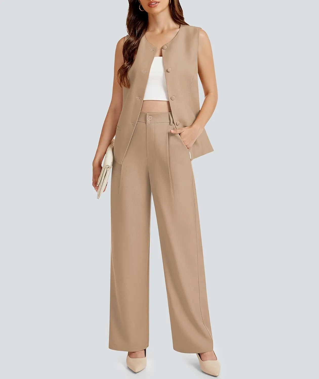 Women's 2 Piece Blazer Outfits Sleeveless Crewneck Vest Wide Leg Pantsuit 2025 Dressy Casual Work Sets