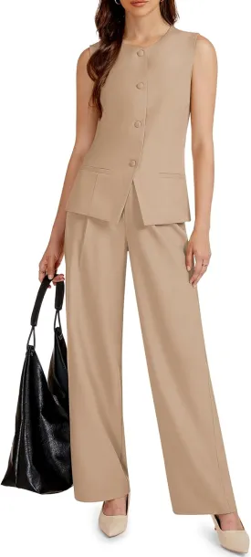 Women's 2 Piece Blazer Outfits Sleeveless Crewneck Vest Wide Leg Pantsuit 2025 Dressy Casual Work Sets