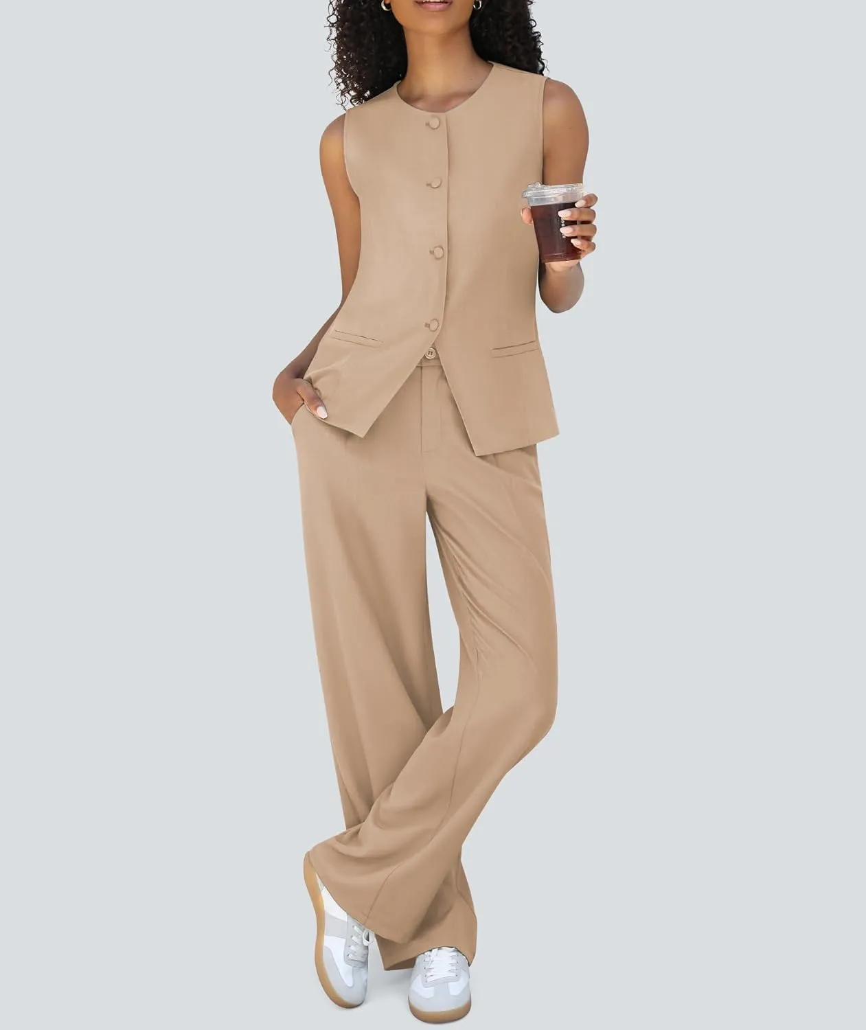 Women's 2 Piece Blazer Outfits Sleeveless Crewneck Vest Wide Leg Pantsuit 2025 Dressy Casual Work Sets