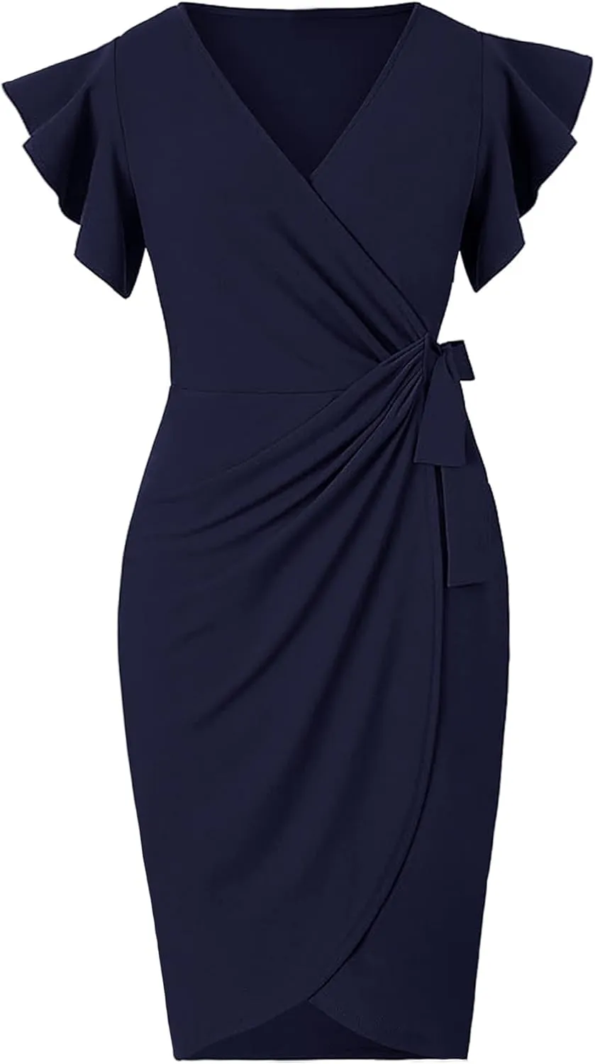 Womens 2025 Summer Deep V Neck Ruffle Sleeve Sheath Cocktail Party Work Faux Wrap Dress Fashion Outfits
