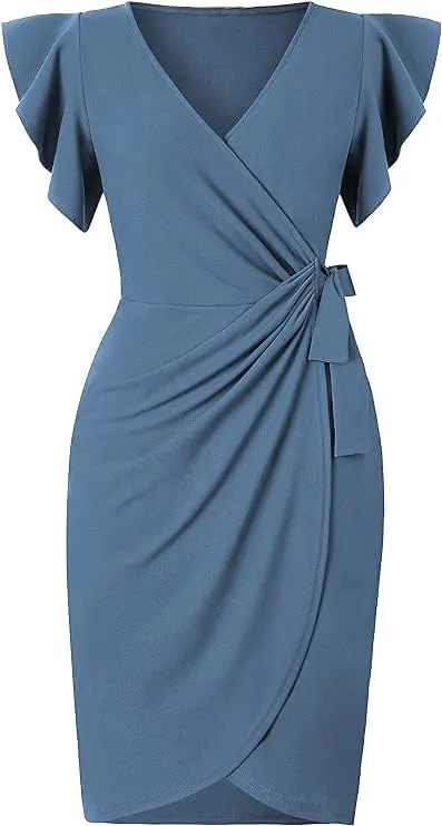 Womens 2025 Summer Deep V Neck Ruffle Sleeve Sheath Cocktail Party Work Faux Wrap Dress Fashion Outfits