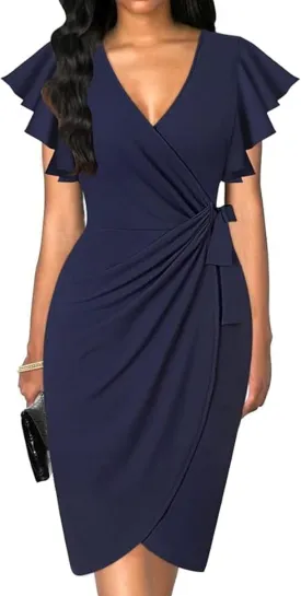 Womens 2025 Summer Deep V Neck Ruffle Sleeve Sheath Cocktail Party Work Faux Wrap Dress Fashion Outfits