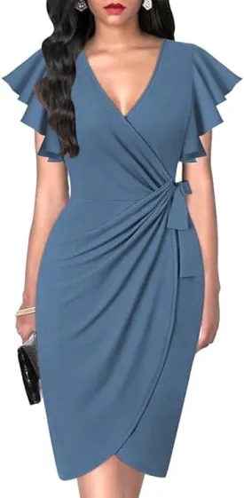 Womens 2025 Summer Deep V Neck Ruffle Sleeve Sheath Cocktail Party Work Faux Wrap Dress Fashion Outfits