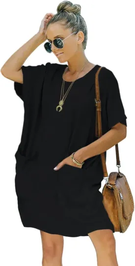 Womens Casual Summer T Shirt Dress Elastic Loose Short Sleeve Dress with Pocket for Women
