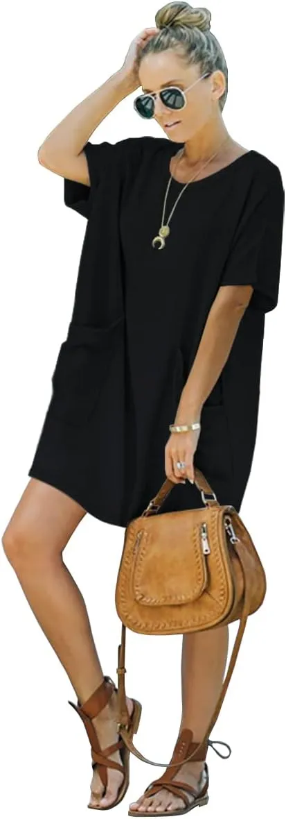 Womens Casual Summer T Shirt Dress Elastic Loose Short Sleeve Dress with Pocket for Women