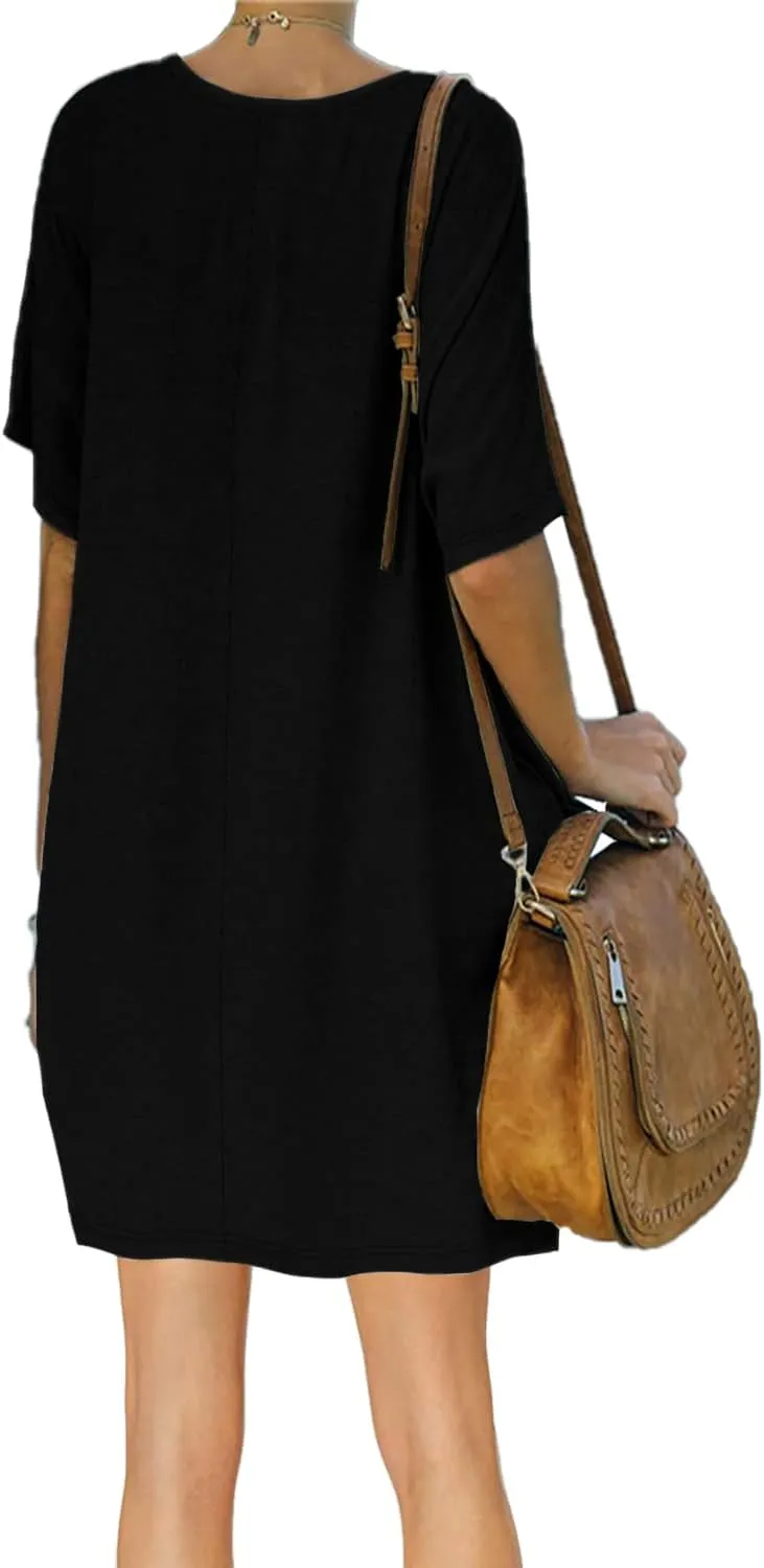 Womens Casual Summer T Shirt Dress Elastic Loose Short Sleeve Dress with Pocket for Women