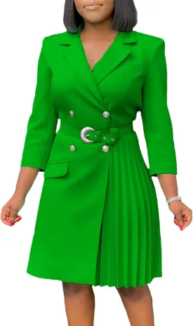 Women's Lapel Neck Double Breasted Blazer Dress Business Elegant 3/4 Sleeve Pleated Midi Dress with Belt