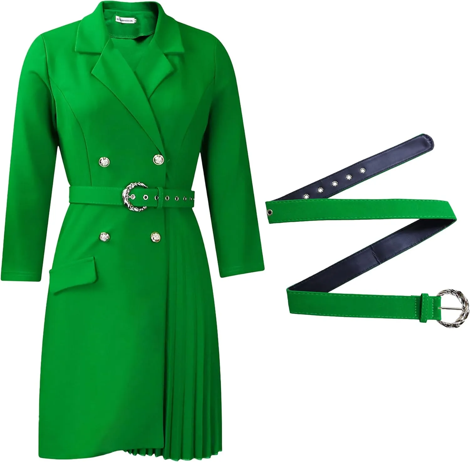 Women's Lapel Neck Double Breasted Blazer Dress Business Elegant 3/4 Sleeve Pleated Midi Dress with Belt