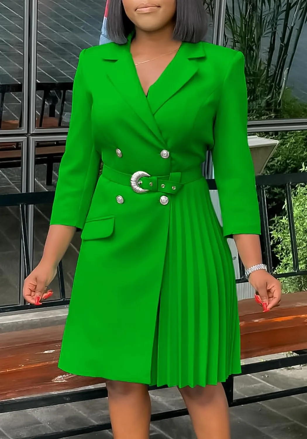 Women's Lapel Neck Double Breasted Blazer Dress Business Elegant 3/4 Sleeve Pleated Midi Dress with Belt
