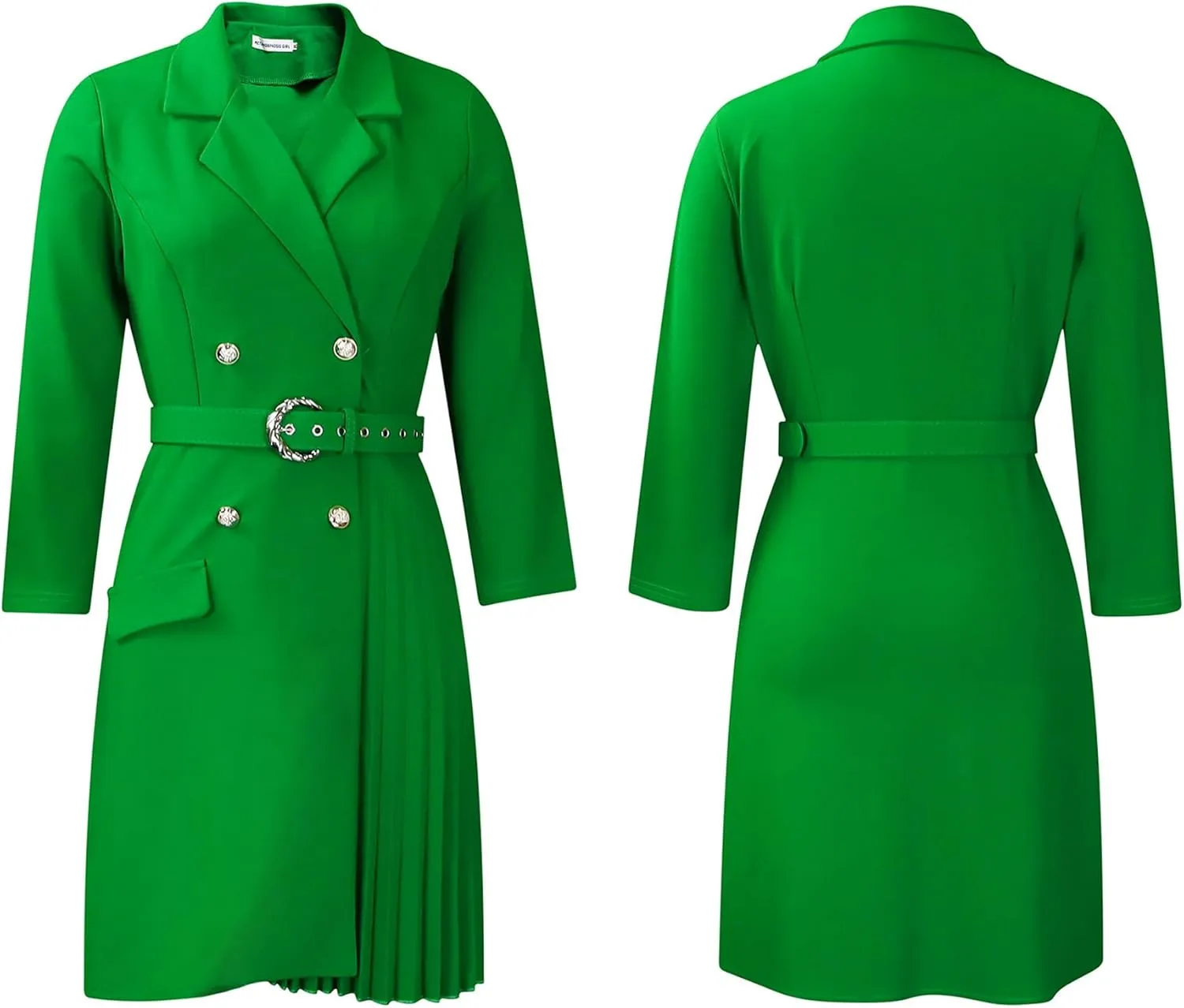 Women's Lapel Neck Double Breasted Blazer Dress Business Elegant 3/4 Sleeve Pleated Midi Dress with Belt