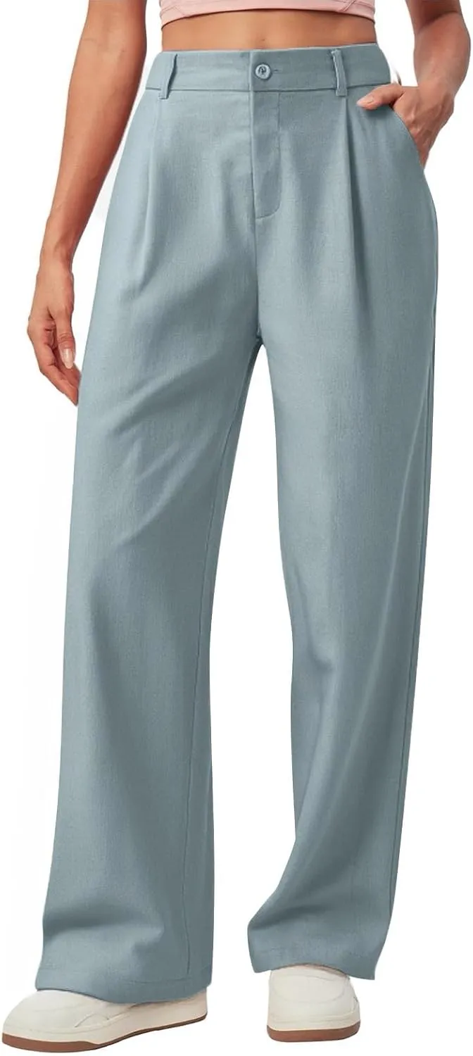 Women's Linen Wide Leg Work Pants with Casual Loose Fit Dressy Fashion Details