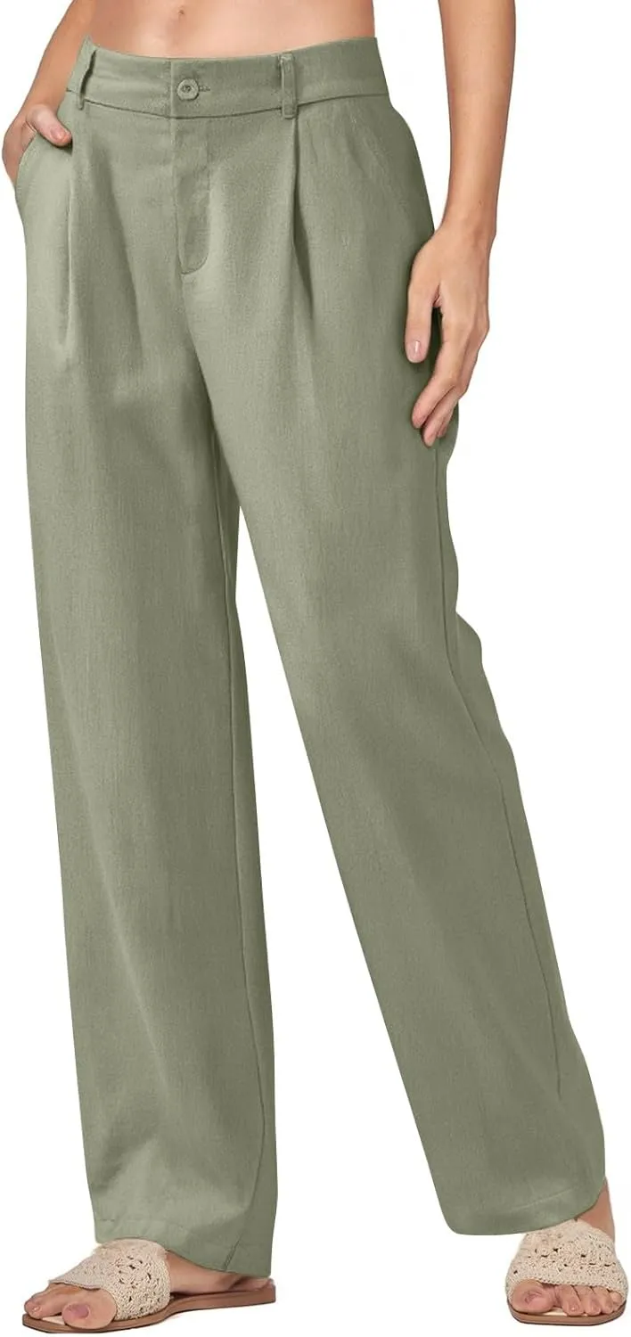 Women's Linen Wide Leg Work Pants with Casual Loose Fit Dressy Fashion Details