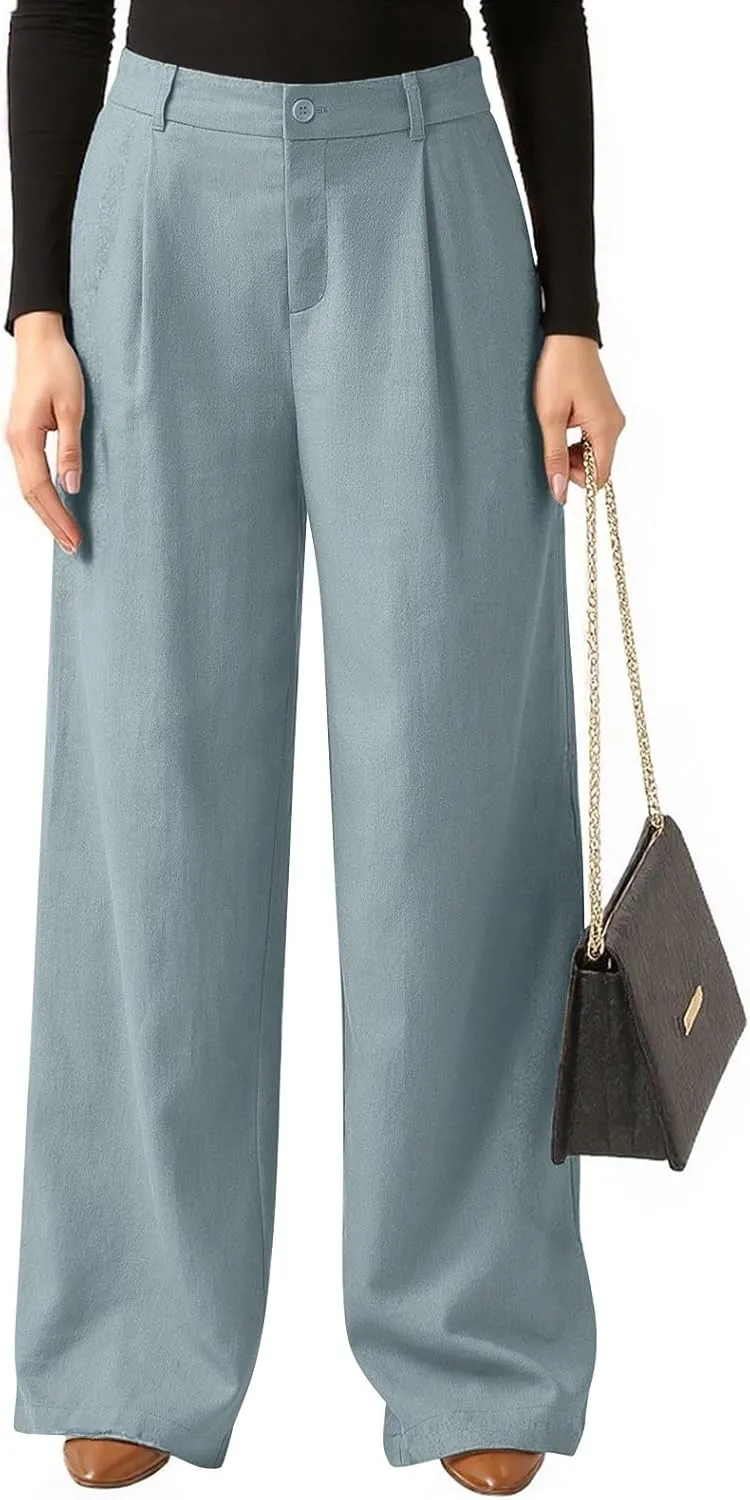 Women's Linen Wide Leg Work Pants with Casual Loose Fit Dressy Fashion Details