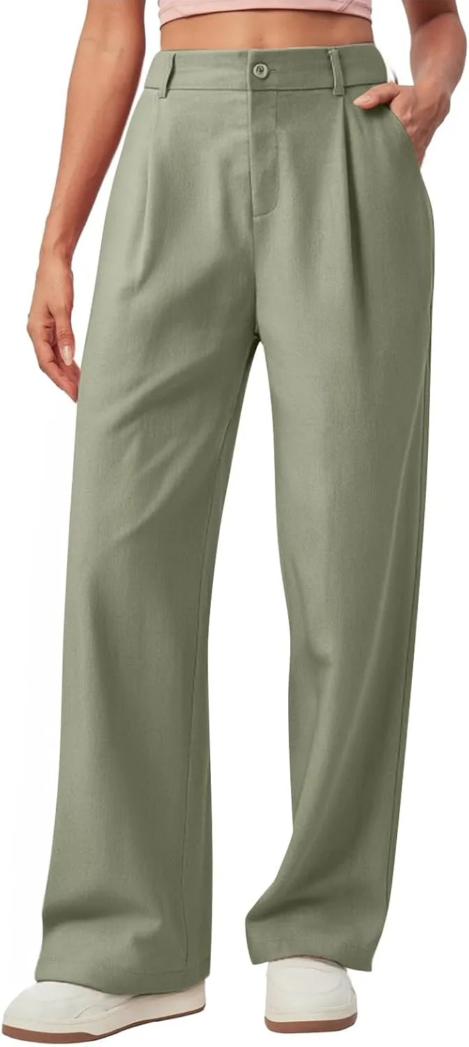 Women's Linen Wide Leg Work Pants with Casual Loose Fit Dressy Fashion Details
