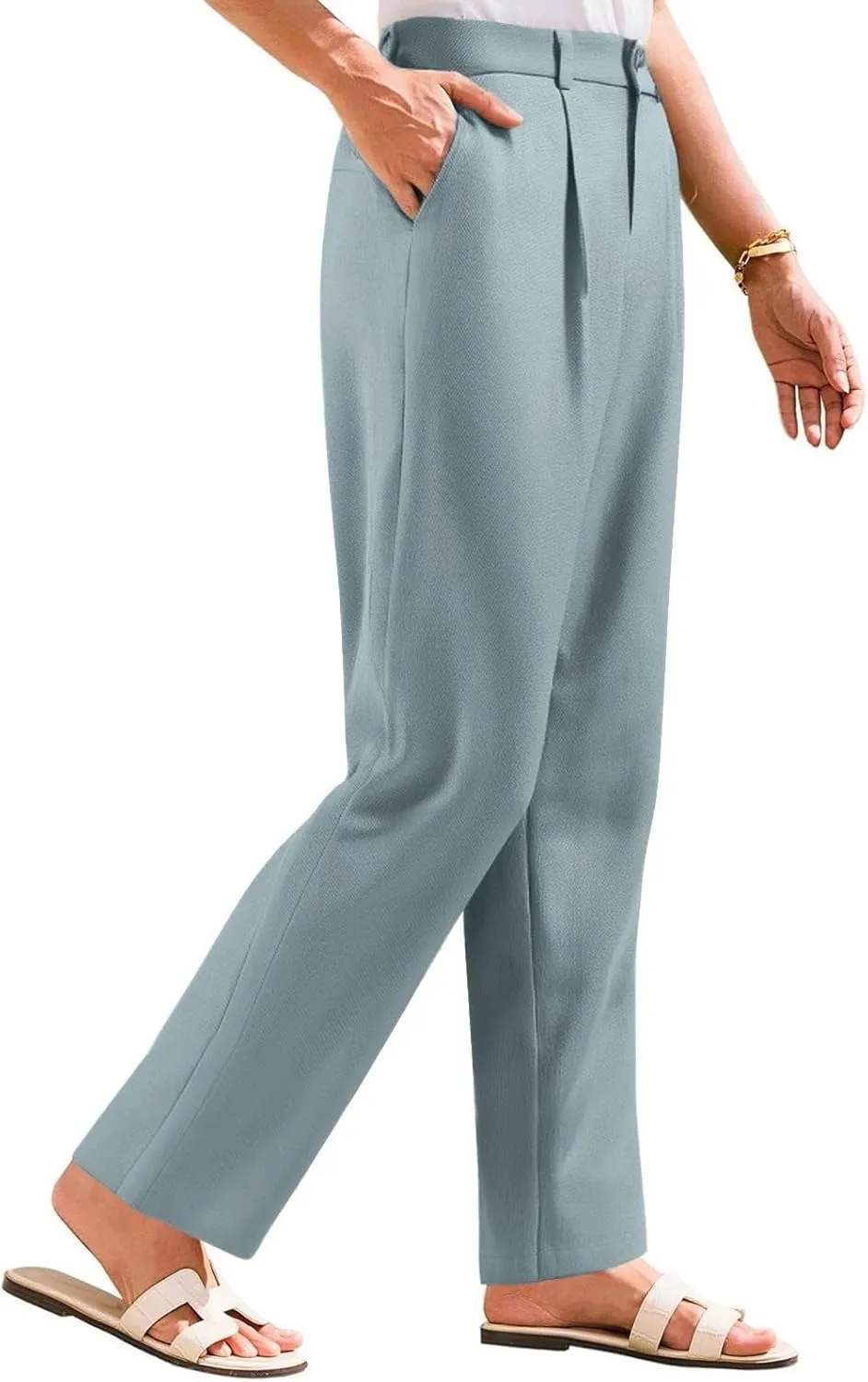 Women's Linen Wide Leg Work Pants with Casual Loose Fit Dressy Fashion Details