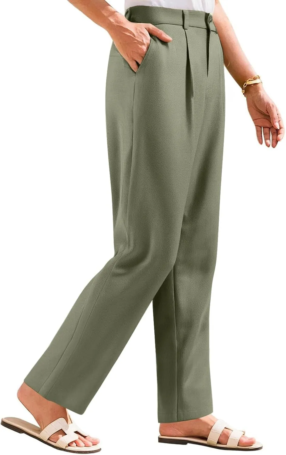Women's Linen Wide Leg Work Pants with Casual Loose Fit Dressy Fashion Details