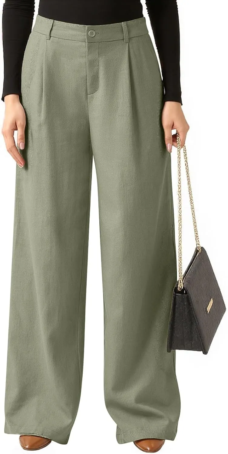 Women's Linen Wide Leg Work Pants with Casual Loose Fit Dressy Fashion Details