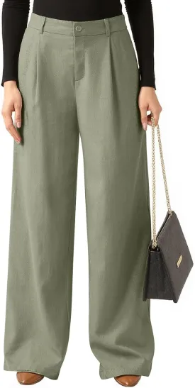 Women's Linen Wide Leg Work Pants with Casual Loose Fit Dressy Fashion Details
