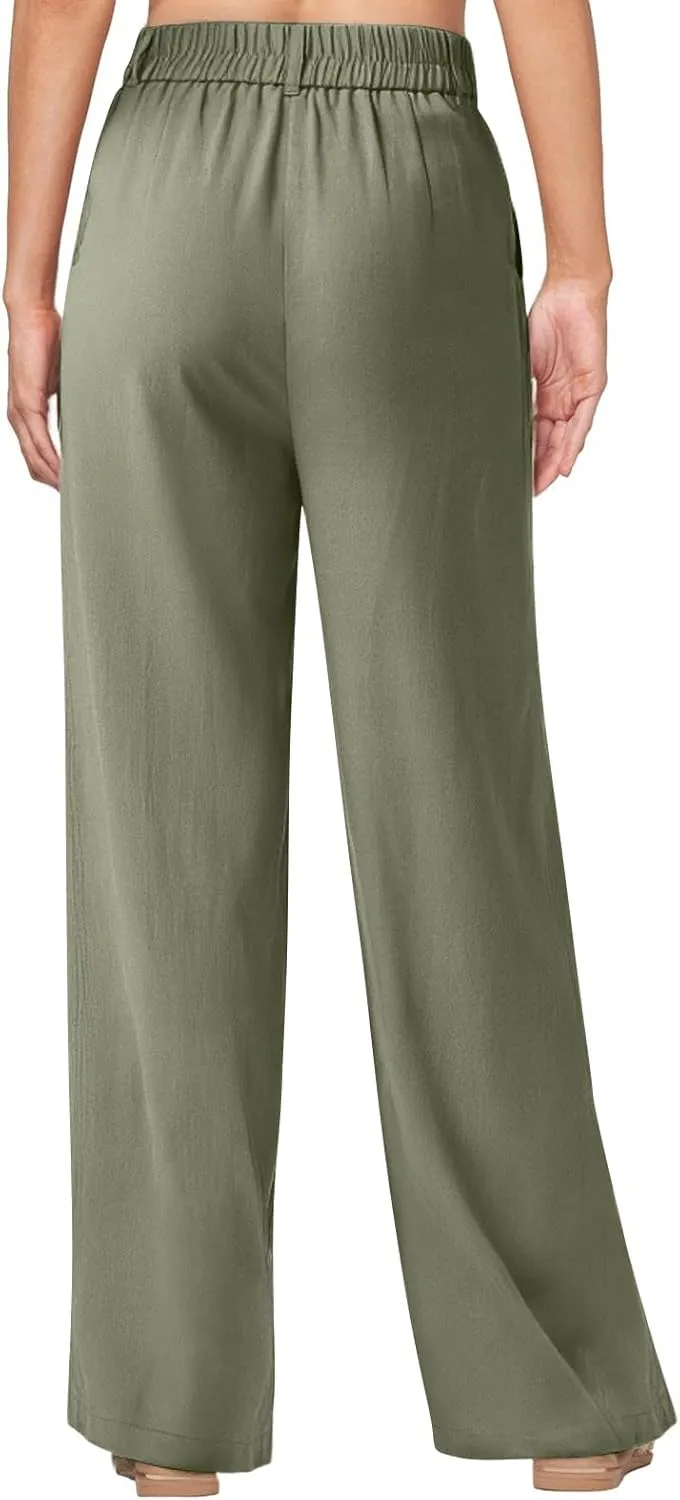 Women's Linen Wide Leg Work Pants with Casual Loose Fit Dressy Fashion Details