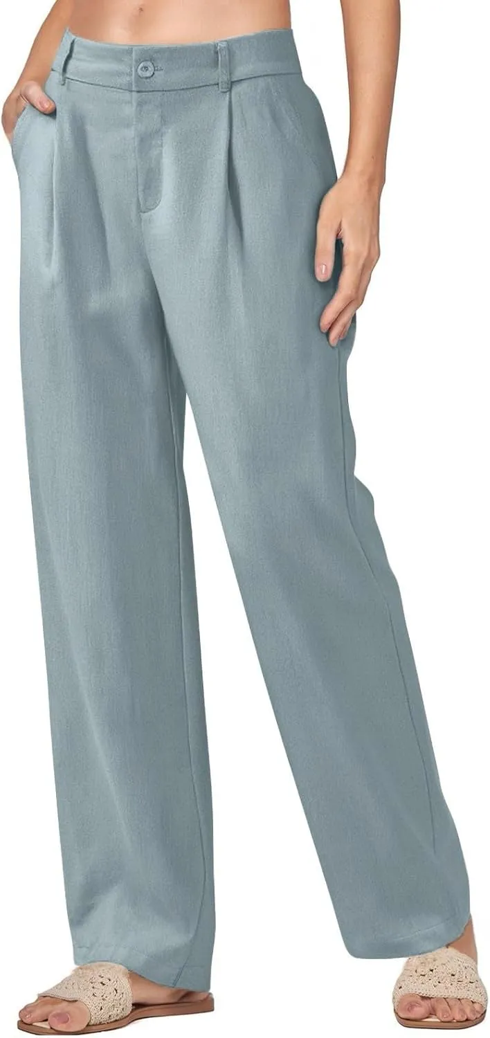 Women's Linen Wide Leg Work Pants with Casual Loose Fit Dressy Fashion Details