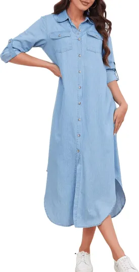 Women's Long Sleeve Denim Midi Shirt Dress