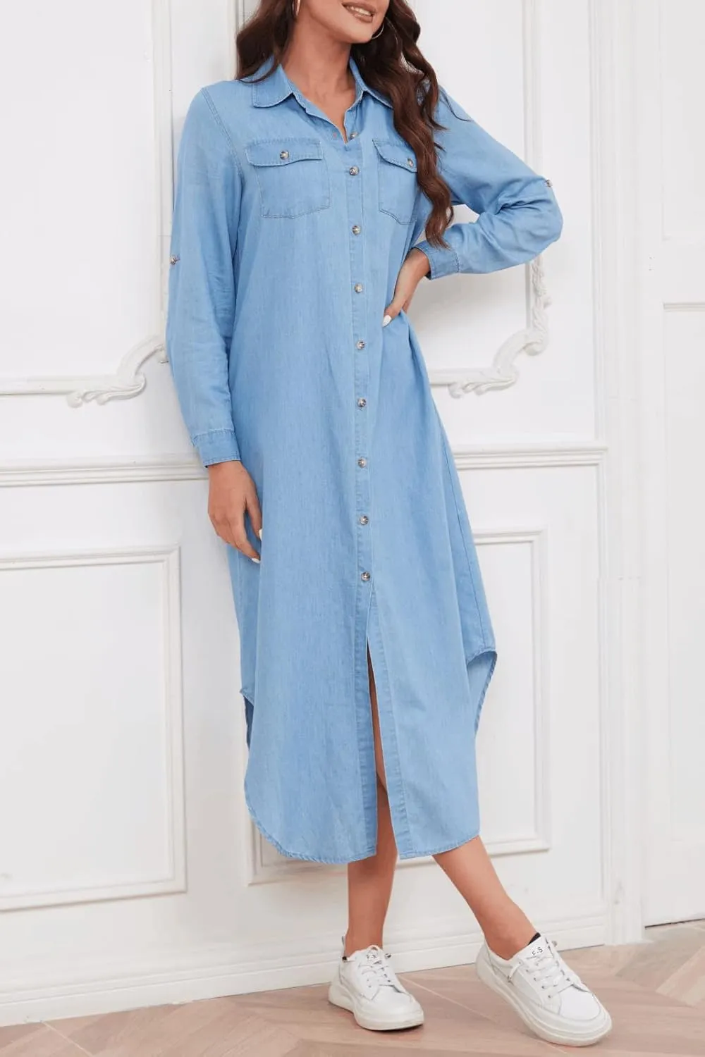 Women's Long Sleeve Denim Midi Shirt Dress