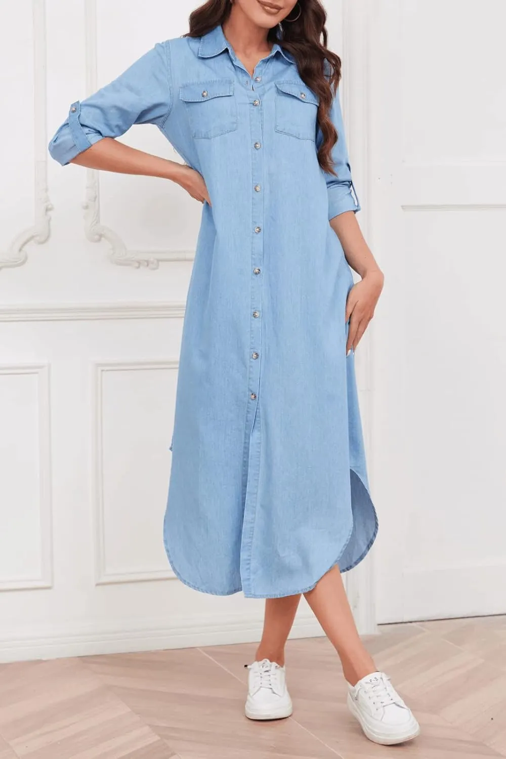 Women's Long Sleeve Denim Midi Shirt Dress