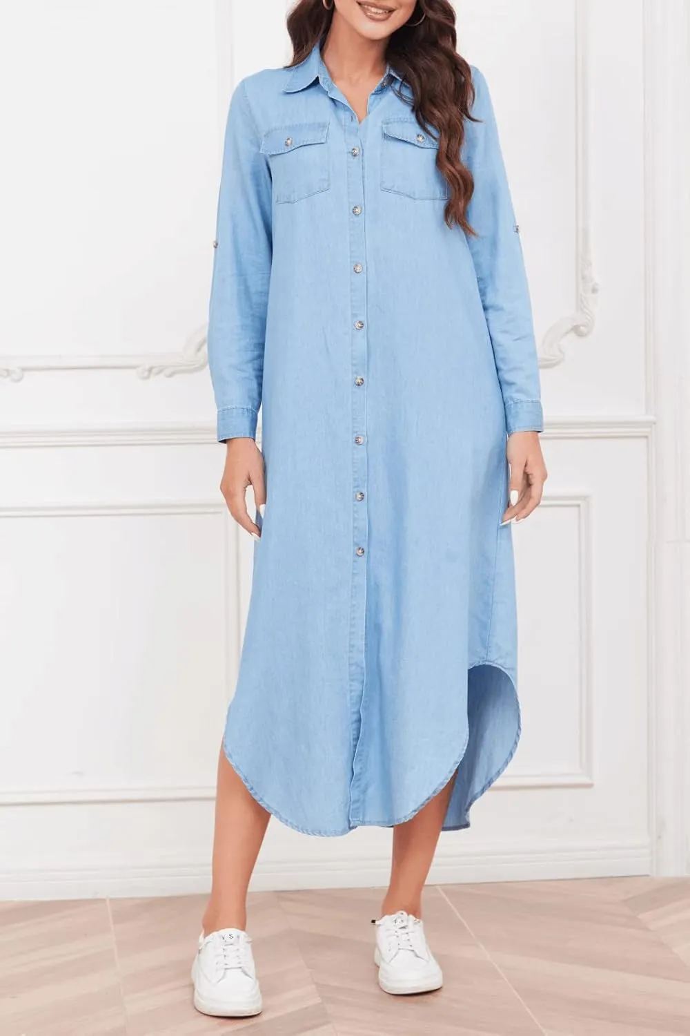 Women's Long Sleeve Denim Midi Shirt Dress