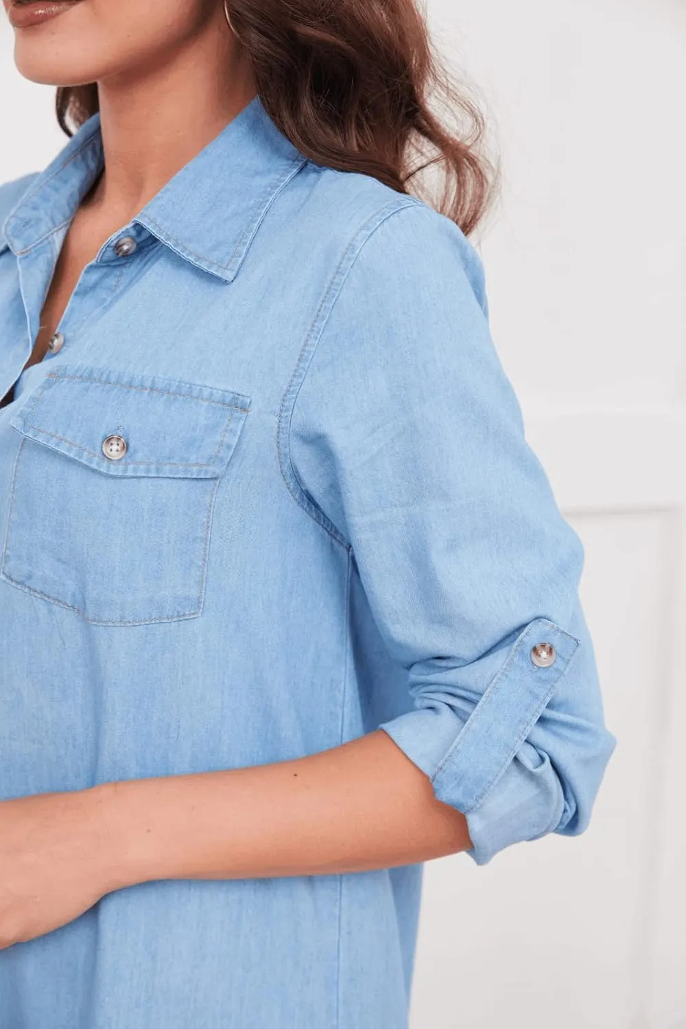 Women's Long Sleeve Denim Midi Shirt Dress