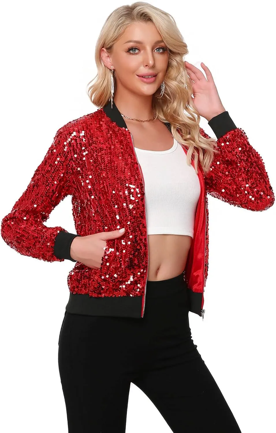 Womens Sequin Jacket Long Sleeve Zipper with Pockets Casual Party Sequin Bomber Jacket